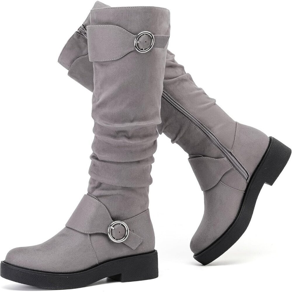 Women's Man Made Leather Grey Knee High Flat Tall Zipped Round Toe Casual Boot